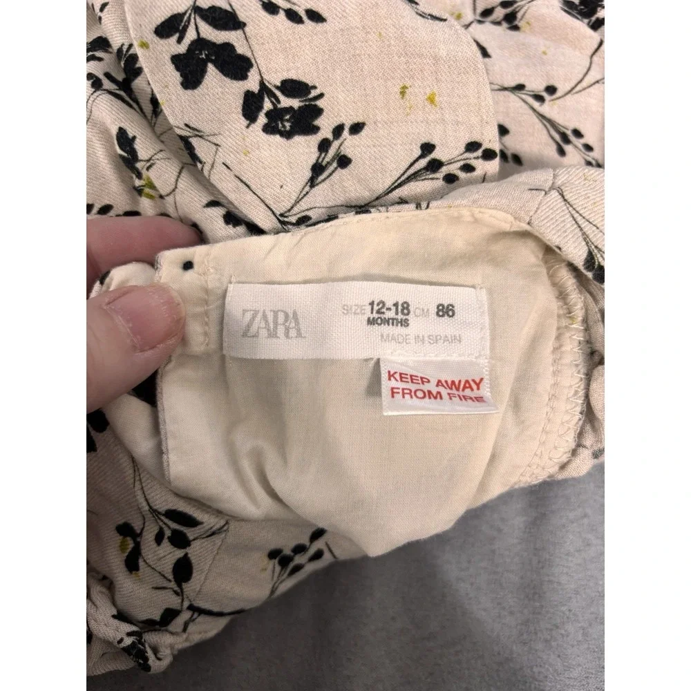 Zara 12-18 Months Neutral Floral Long‎ Sleeve Dress Prairie Boho Ruffle Soft